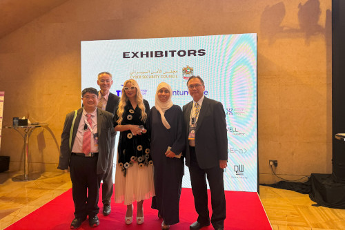 The AhP-Tech Delegation took group photo with Malak Trabelsi Loeb, and Prof. Dr. Hoda A.Alkhzaimi at red carpet of Gala Dinner.
