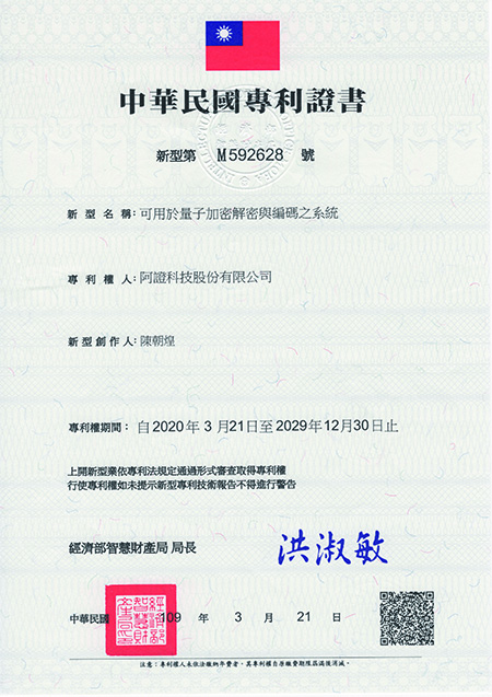阿證科技-中華民國新型專利-M592628-可用於量子加密解密與編碼系統