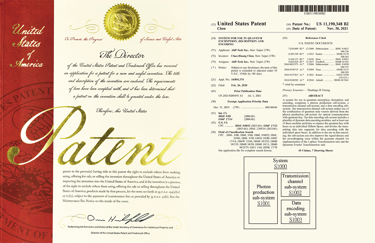 AhP-Tech TW PAT. US 11,90,348 B2 SYSTEM FOR USE IN QUANTUM ENCRYPTION, DECRYPTION AND ENCODING