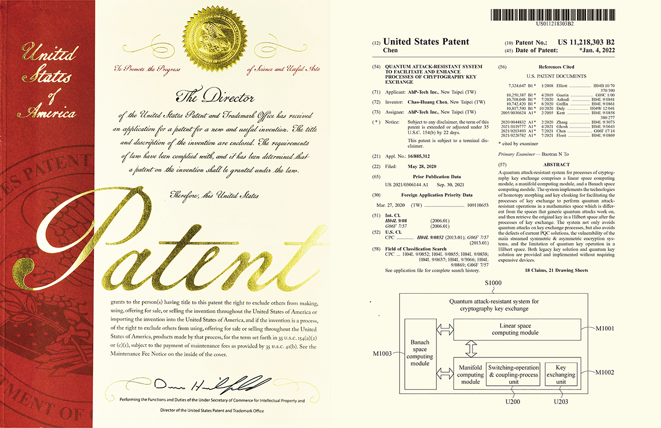 AhP-Tech TW PAT. US 11,218,303 B2 QUANTUM ATTACK-RESISTANT SYSTEM TO FACILITATE AND ENHANCE PROCESSES OF CRYPTOGRAPHY KEY EXCHANGE