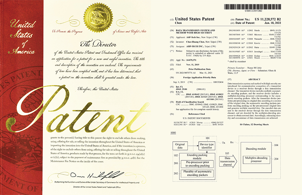 AhP-Tech TW PAT. US 11,228,572 B2 DATA TRANSMISSION SYSTEM AND METHOD WITH HIGH SECURITY