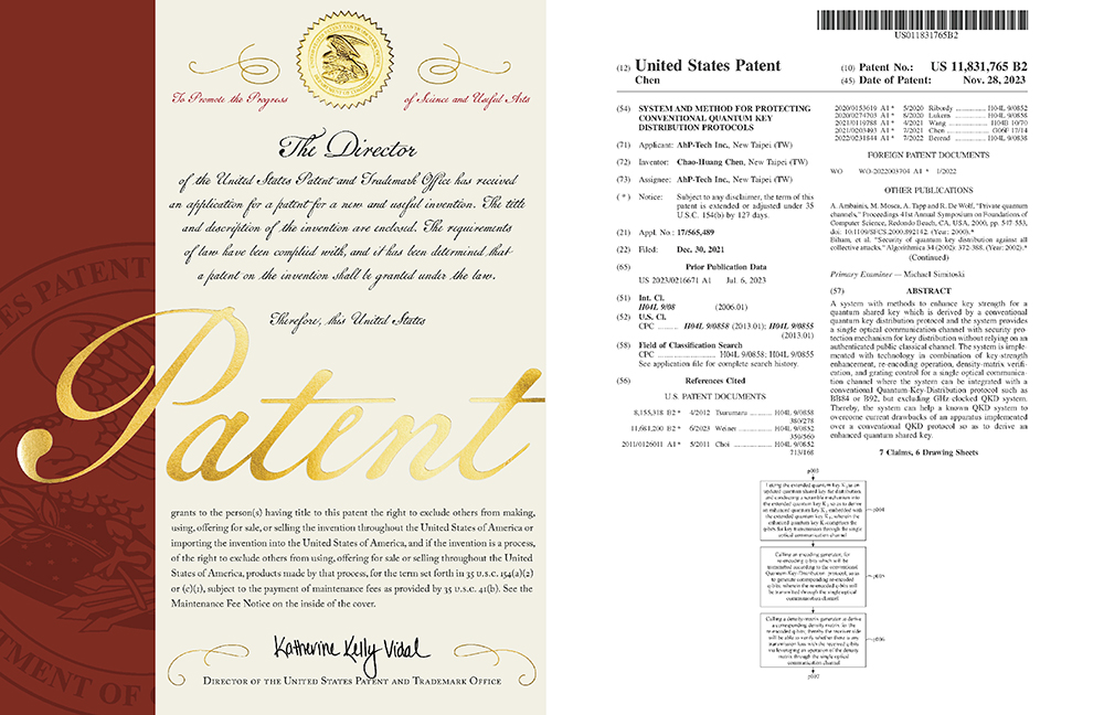 AhP-Tech TW PAT. US 11,831,765 B2 SYSTEM AND METHOD FOR PROTECTING CONVENTIONAL QUANTUM KEY DISTRIBUTION PROTOCOLS