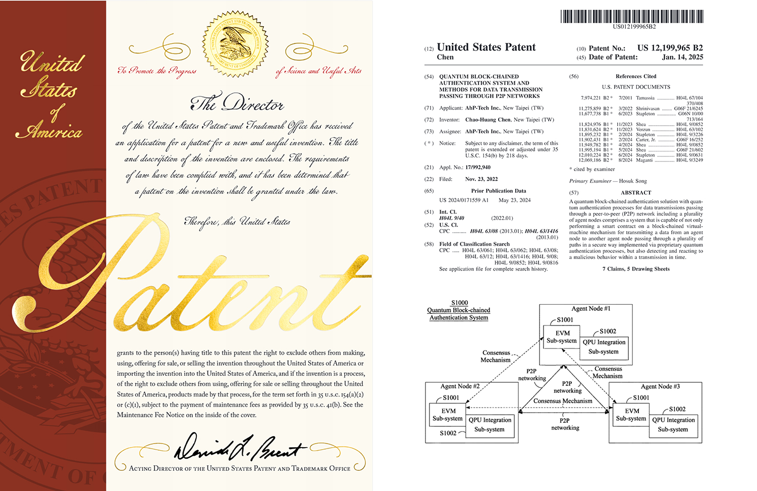 AhP-Tech TW PAT. US 12,199,965 B2 QUANTUM BLOCK-CHAINED AUTHENTICATION SYSTEM AND METHODS FOR DATA TRANSMISSION PASSING THROUGH P2P NETWORKS